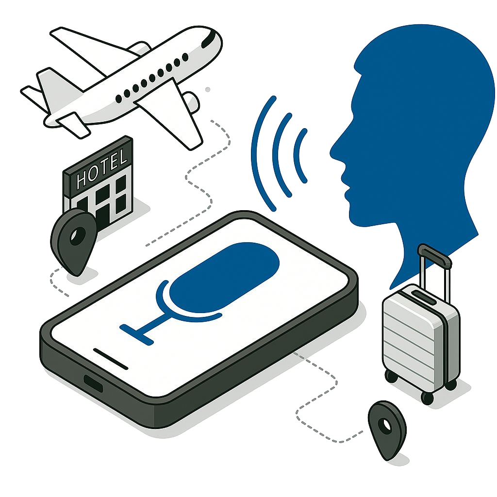ZippyGo AI voice travel booking illustration showing a smartphone with voice mic icon, a traveler speaking to book flights, hotel and luggage icons representing smart travel automation