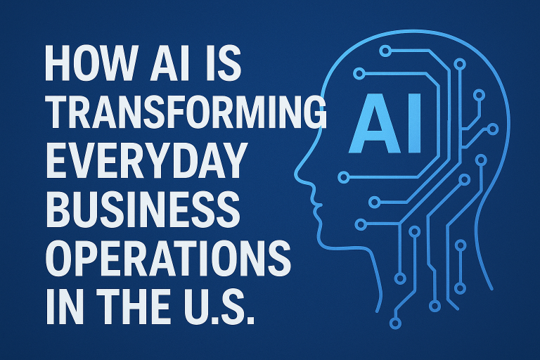 How AI is transforming business operations in the U.S. illustrated with a digital human head outline and circuit-style AI brain representing automation and innovation