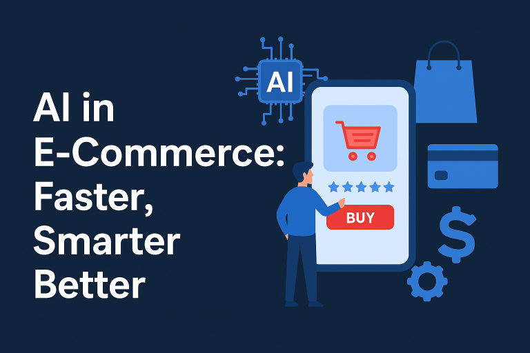 AI in e-commerce illustration showing a shopper interacting with a mobile buying interface, AI technology icons, shopping bag and dollar symbol representing smarter online retail
