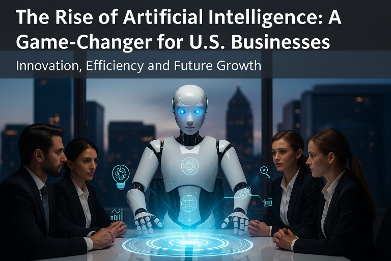 Artificial intelligence for U.S. businesses concept showing a humanoid AI robot advising executives in a boardroom, symbolizing innovation and business growth