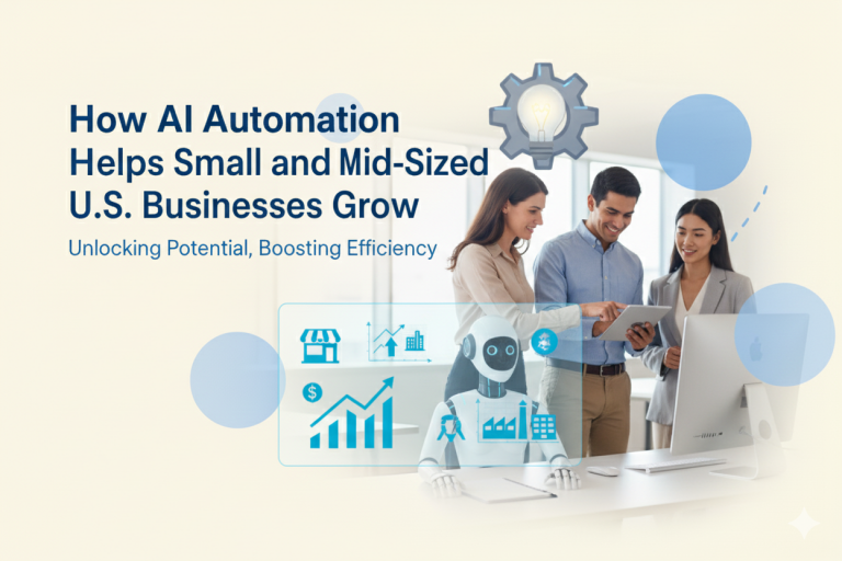AI automation for small and mid-sized U.S. businesses illustration showing team collaboration with digital analytics, growth charts, and AI technology icons