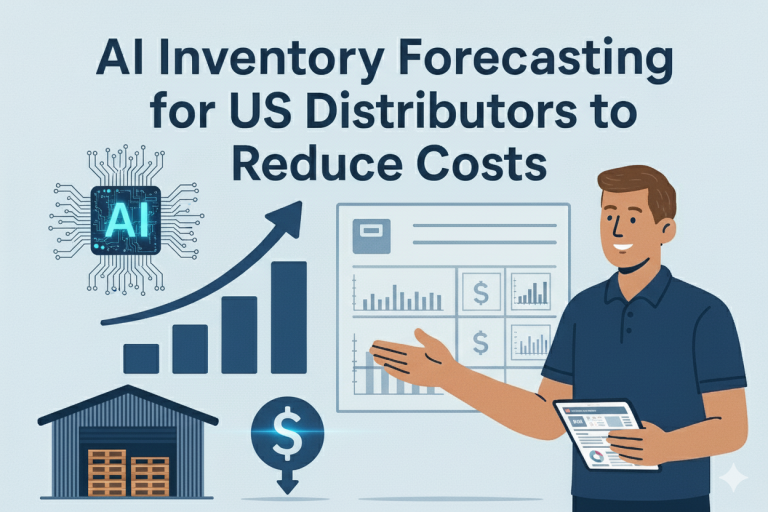 AI inventory forecasting for US distributors illustration showing warehouse, graph, dollar savings, and a man analyzing data to reduce inventory costs