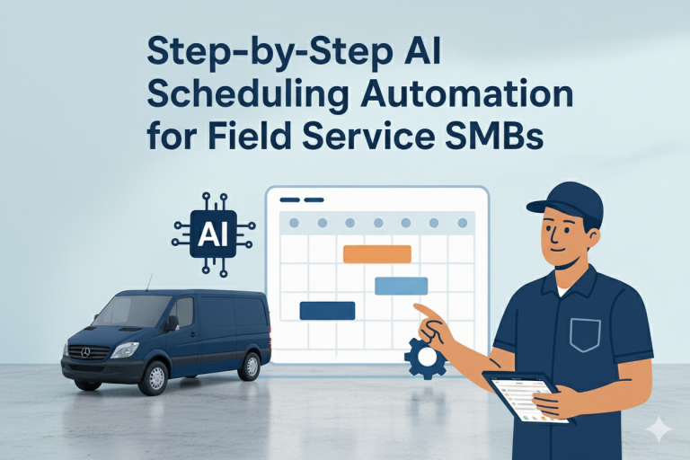 AI scheduling automation for field service SMBs illustration showing technician with tablet, scheduling calendar, service van, and AI technology icon