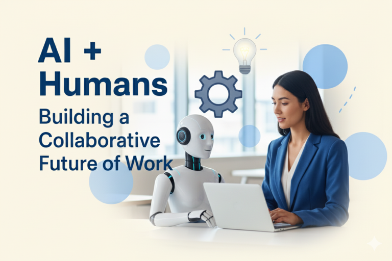 AI and human collaboration concept showing a professional woman working alongside a humanoid robot at a laptop symbolizing the future of work
