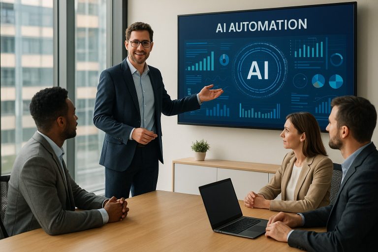 AI automation for small businesses presentation showing a professional team discussing data insights on a digital screen to reduce costs and accelerate growth