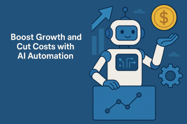 AI automation to boost growth and reduce costs illustrated with a friendly robot, financial growth chart, upward arrow, and cost-saving dollar icon