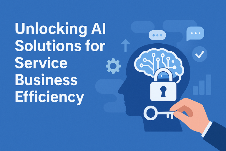 AI solutions for service business efficiency illustration showing a brain and lock being unlocked with a key symbolizing productivity and automation