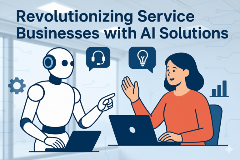 AI solutions for service businesses illustration showing a robot and a business professional collaborating on laptops to improve productivity and automation